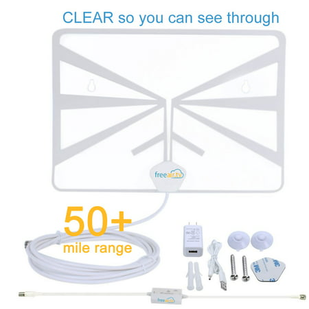 FreeAir.tv HDTV Indoor Antenna Clear / Dual Band / VHF / UHF / Multi-directional / USB Power Supply / Detachable Cable  – Super Thin, Amplified with 50+ Miles Range and TV
