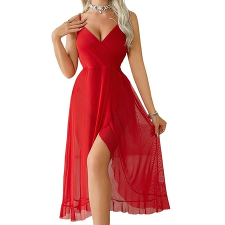 Sleeveless halter lingerie A-line dress Sexy see-through doll slit nightgown Wrap V-neck halter exotic nightgown-M