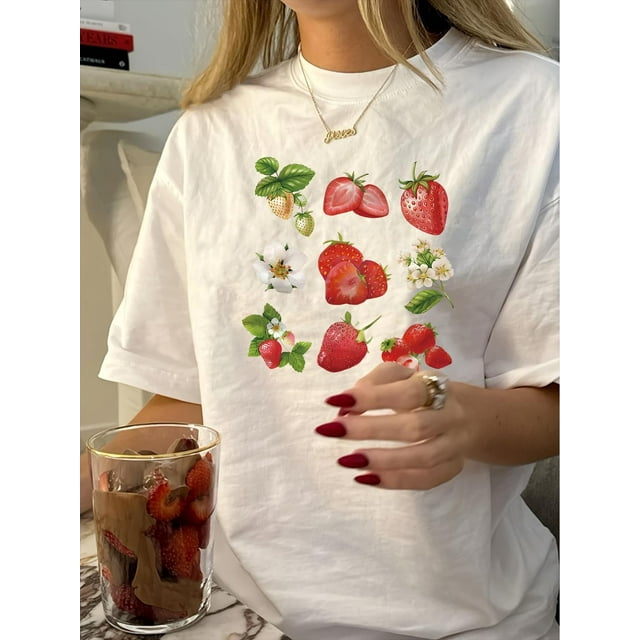 Vintage Strawberry Print Round Neck T-Shirt for Women, Short Sleeve, Polyester, Machine Washable