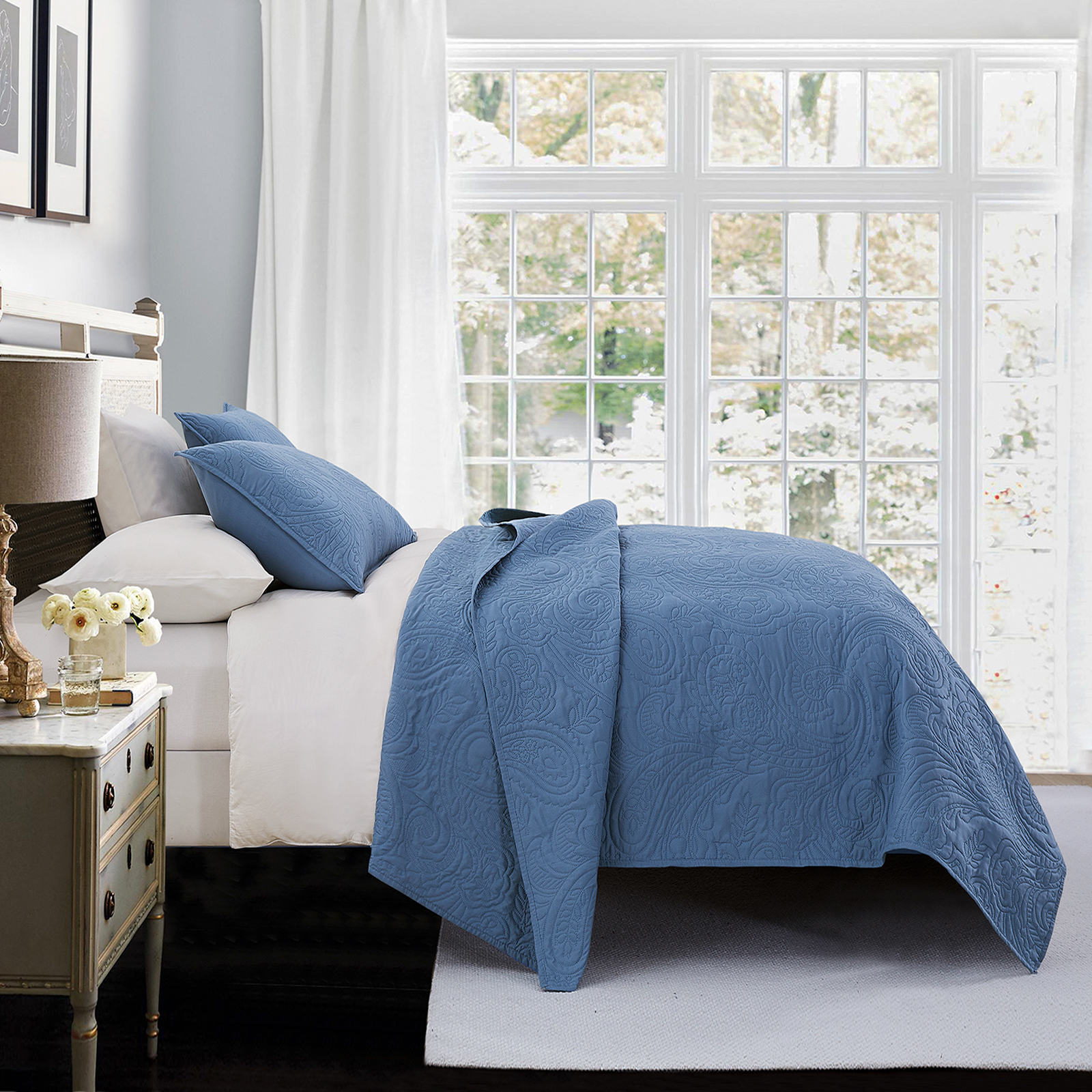 Bourina Modern Floral 3-Piece Quilt Set, Blue,King,Lightweight & Comfortable,Perfect for All Seasons