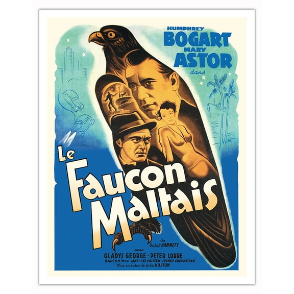 The Maltese Falcon (Le Faucon Maltais) Starring Humphrey Bogart - Vintage French Movie Poster c.1941 - Fine Art Matte Paper Print (Unframed) 11x14in