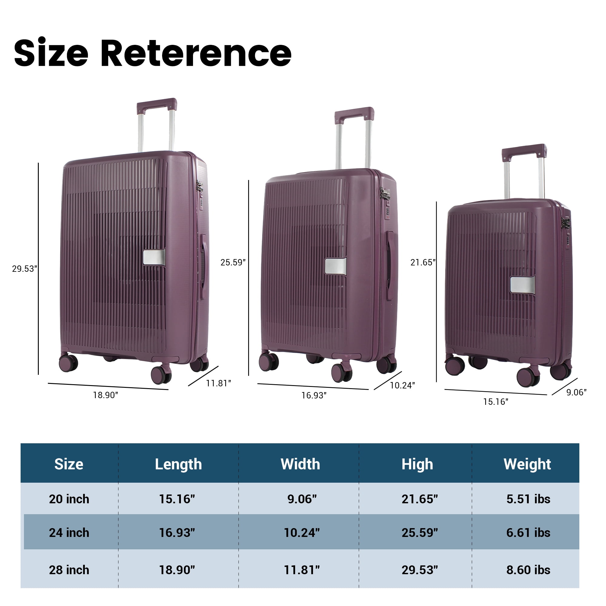Travelhouse 3 Piece Checked Hard Shell Luggage Set Lightweight Suitcase with Lock and Spinner Wheels,Purple