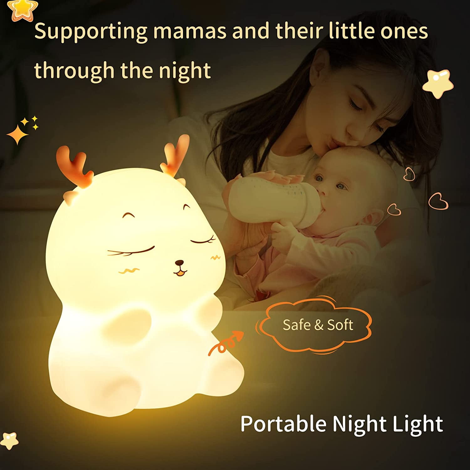 Kids Night Light Rechargeable Night Light Baby Lamp, 7 Colors LED Night Light Girls, Silicone Touch Bedside Lamp for Kids Adult Bedroom Decoration Newborn Gift (Deer)