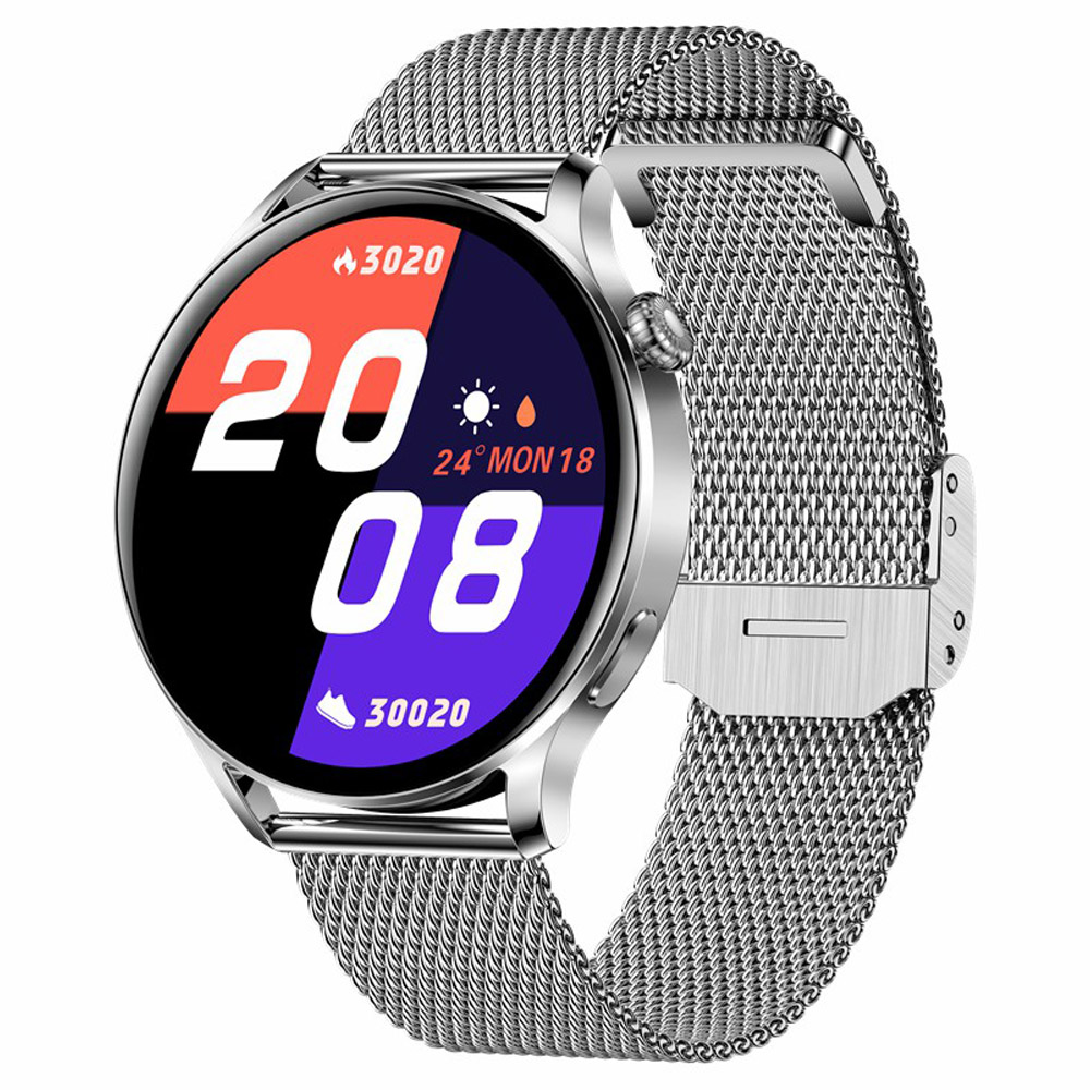 Ak37 Bluetooth Smart Watch Calling Bracelet Water Proof Round Screen Water  Series Full Touch Compatible with Android ios Stainless Steel or Silica Gel( Mesh belt silver steel)