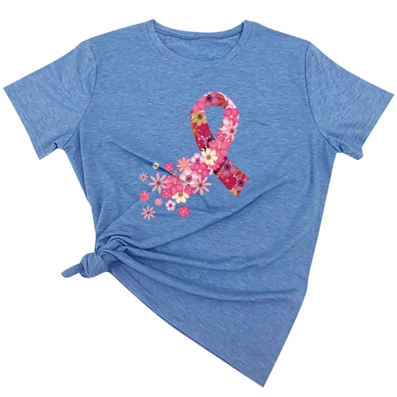 Honeeladyy Breast Cancer Awareness Shirts Women Pink Ribbon T-Shirts Cancer Fighter Leopard Heart Graphic Tee Short Sleeve Tops #Xm-Blue-S