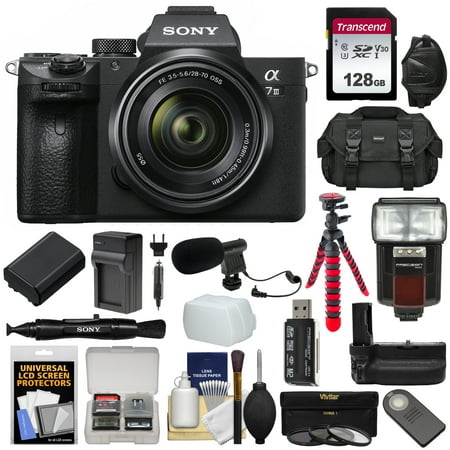 Sony Alpha A7 III 4K Digital Camera + 28-70mm FE OSS Lens with 128GB Card + Battery + Charger + Grip + Flash/Video Light + Case + Mic + Tripod