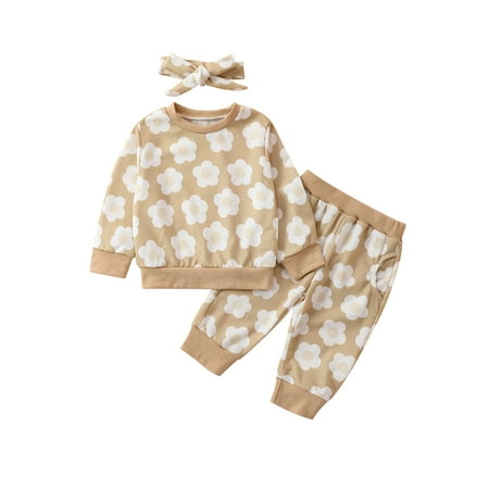 

Bslissey Baby Girls Pants Sets Floral/Heart Print Long Sleeve Sweatshirt Tops + Elastic Band Pants + Headband 3Pcs Outfits for Infant Toddler Clothes 3M-24M