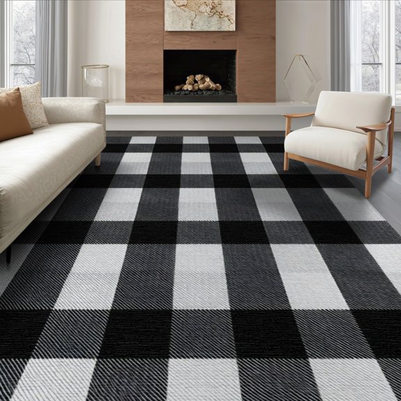ODIKA 8'x10' Washable Area Rug Non-Slip Chair-Friendly Mat Welcome Checkered Farmhouse Gingham Even Grid Front Door Plaid Refined for Dining Room, Large Office, Lounge