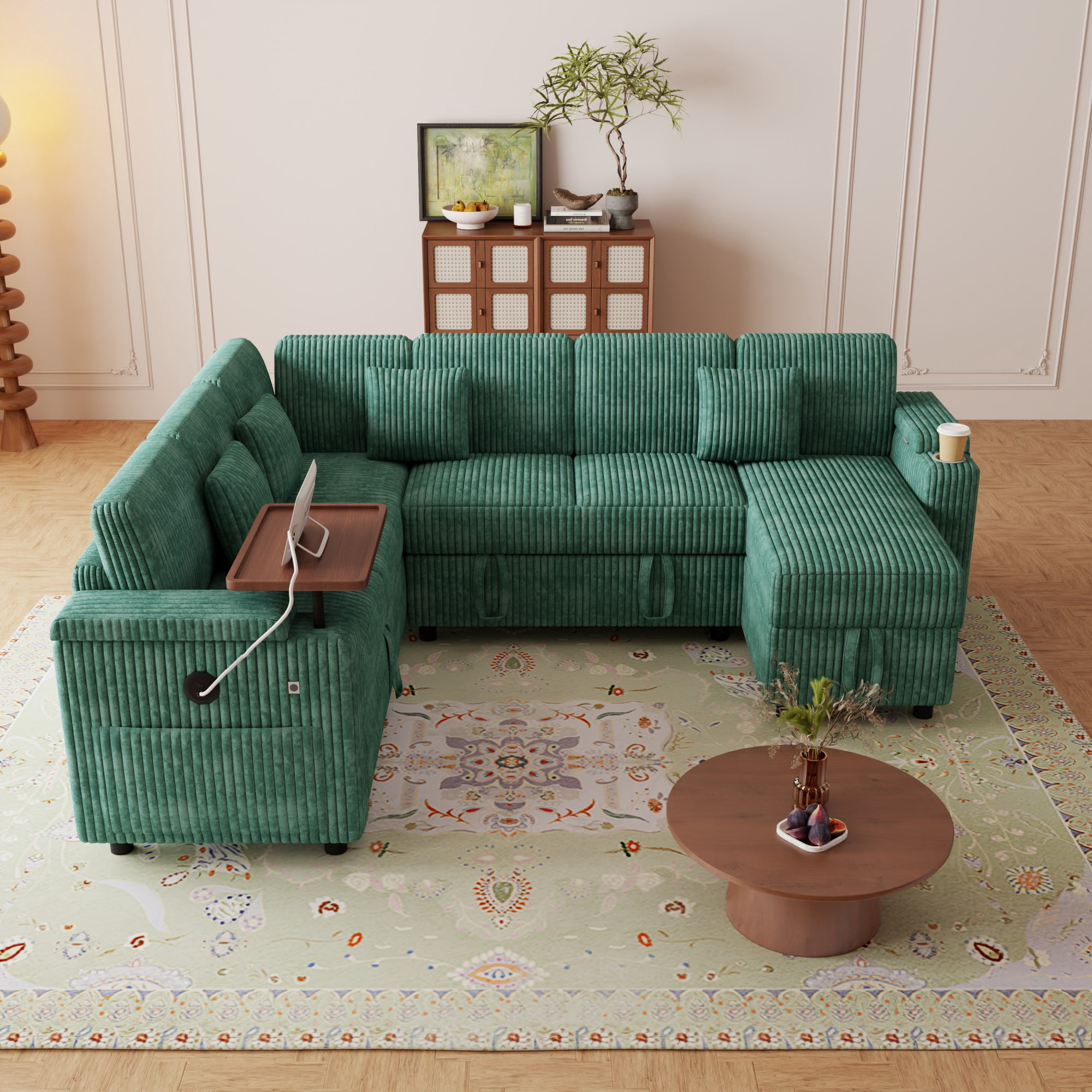 BSHTI 100" Corduroy U‑Shaped Convertible Pull‑Out Sofa Bed with USB Ports, Desk & Cup Holder for Living Room,(Green)