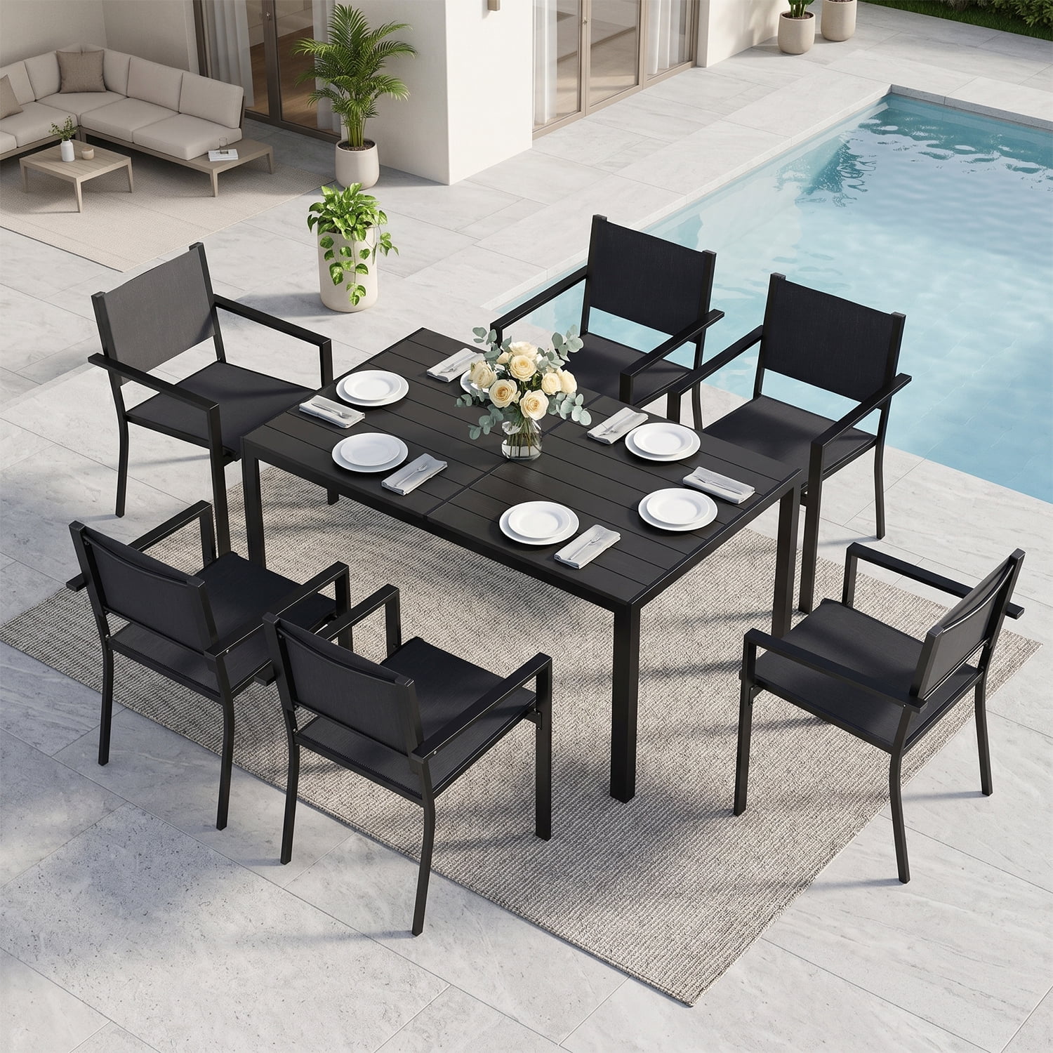 BaPiPro 7-Piece Patio Dining Set, Textilene Outdoor Table and Chairs Set for 6, Weather-Resistant Furniture for Garden, Deck, Backyard, Gray