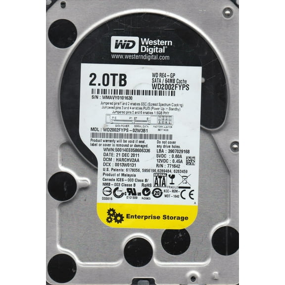 WD2002FYPS-02W3B1, DCM HARCHV2AA, Western Digital 2TB SATA 3.5 Hard Drive