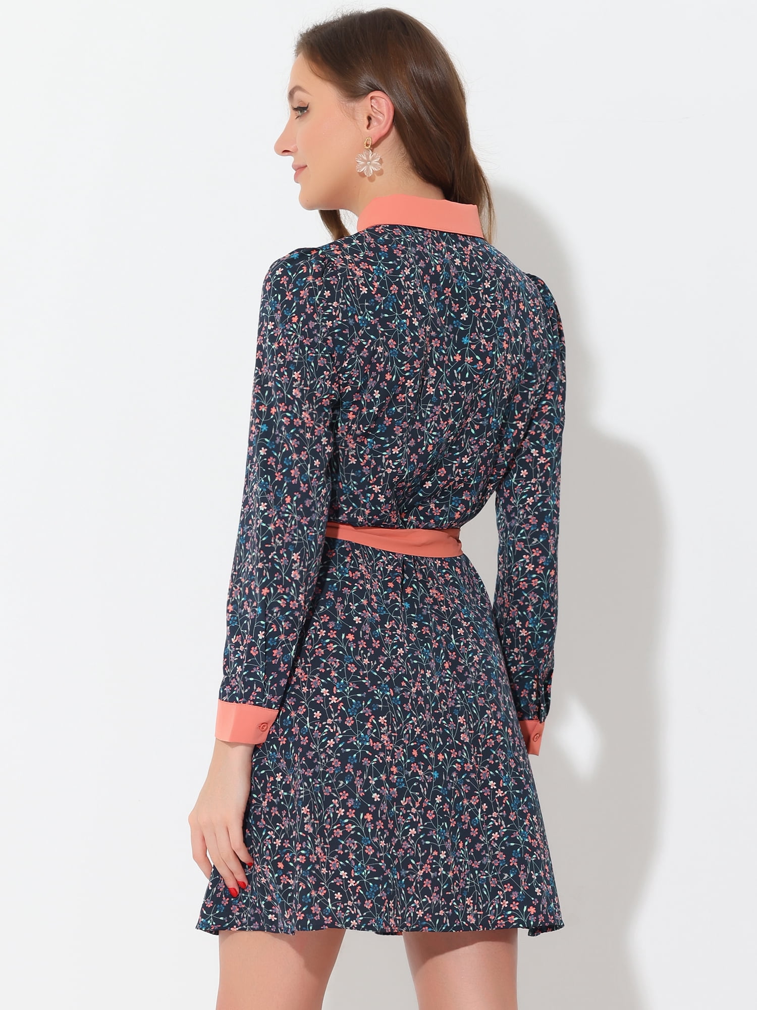 Unique Bargains Women's Contrast Collar Button Front Vintage Floral Shirt Dresses S Dark Blue