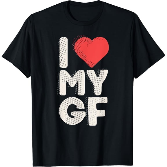 Men's I Love My GF Heart Graphic T-Shirt Retro Funny Short Sleeve Cotton Tee Romantic Gift for Boyfriend Husband Black