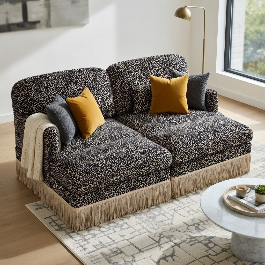 Hommoo Leopard Print Chenille Loveseat Sofa with Movable Ottomans, 2-Seat Modern Modular Couch, Tassel Trim & Ergonomic Deep Seat Design, Living Room Sofa, khaki