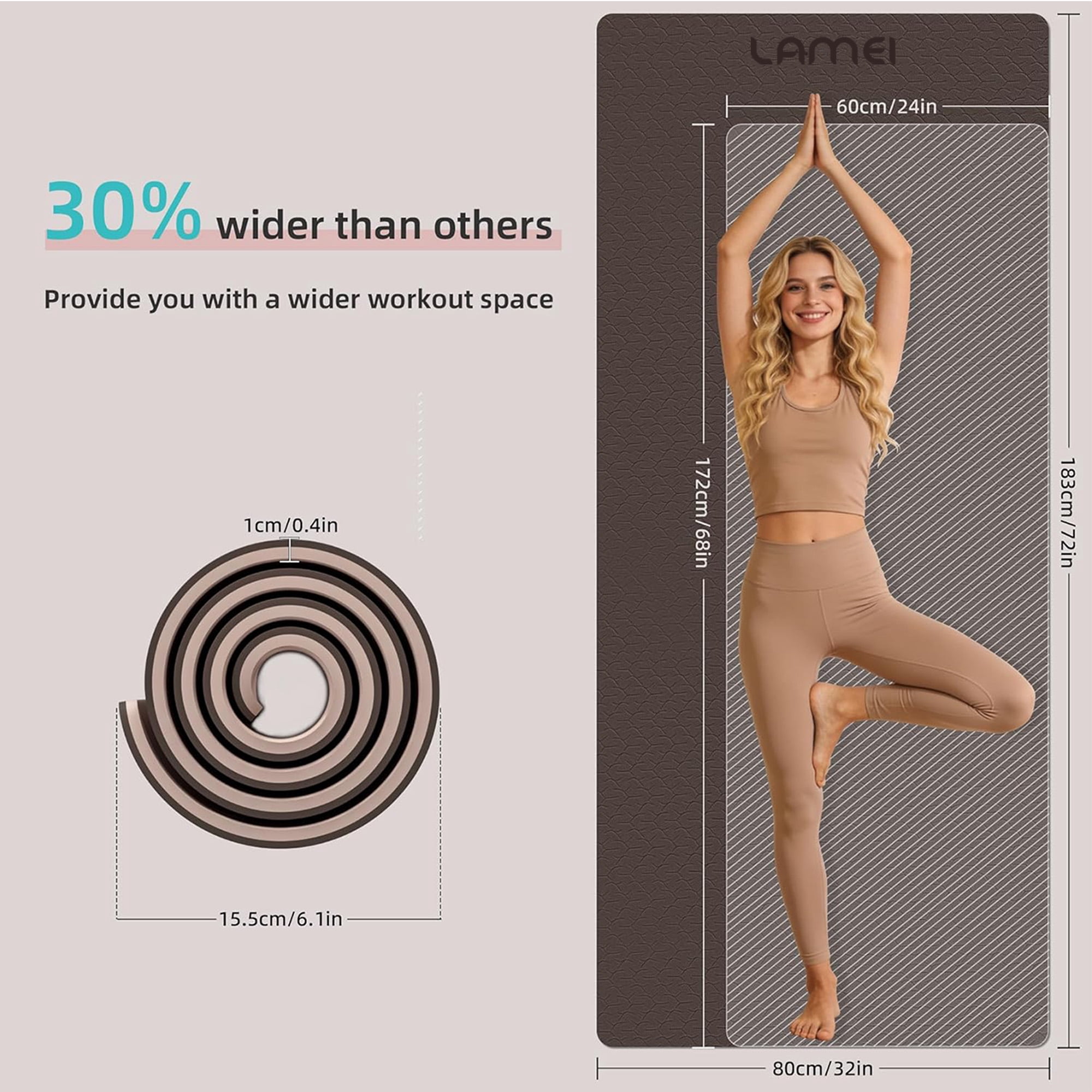 LAMEI Yoga Mat Thick 10mm, 31.5" Extra Wide for Men and Women, Non-Slip TPE Exercise Matt, Two Tone Fitness Mats with Straps for Carrying(Brown+Beige)