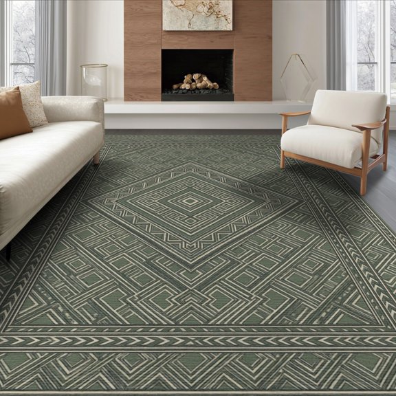 ODIKA 8'x10' Washable Area Rug Non-Shedding, Easy Care, With Distressed Diamond Lattice And Border Vintage Medallion Refined Structured for King Size Bedroom Under Bed, Master Suite