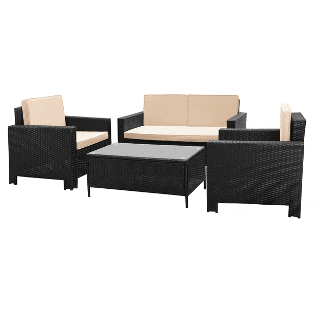 Walnew 4 Piece Outdoor Indoor Patio Conversation Set With Cushions Black Beige Com Walnew 4 Piece Outdoor Indoor Patio, Affordable Patio Conversation Sets
