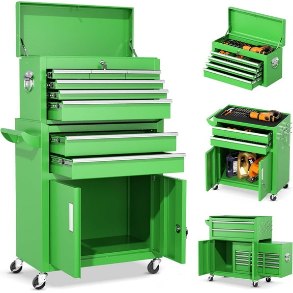 2-IN-1 Tool Chest & Cabinet, Large Capacity 8-Drawer Rolling Tool Box Organizer with Wheels Lockable, Green