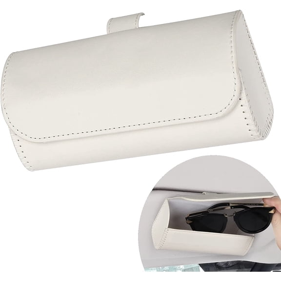 Glasses Holder for Car Sun Visor, Vehicle Sunglasses Holders Case with Hidden Magnetic Closure, Leather Auto Eyeglasses Organizer Box Eyeglass Hanger Clip Car Accessories for Men Women (White)