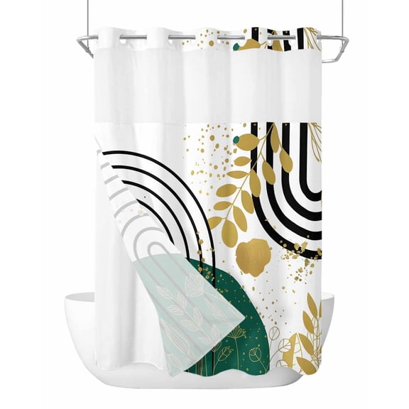 No Hook Cloth Fabric Shower Curtain with Snap in Liner, Boho Green Waterproof Shower Curtains Set with See Through Top Window, Gold Leaf Black Bohemian Plant Circle Flower Bath Curtains 72"x84"