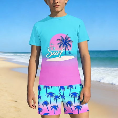 Boys 2-Piece Swimsuit Set 3-14 Years Hawaiian Print Short Sleeve Rash Guard with Swim Trunks Summer Beach Surf Swimwear Multicolor C 7-8 Years