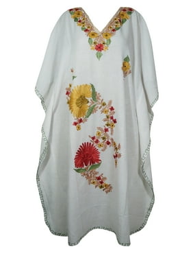 Mogul Women White Caftan Dress Bohemian Summer Loose Cover Up Floral Embroidered Long Dresses 4XL