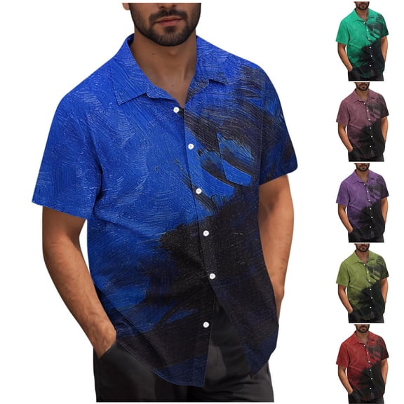 Hinvhai Men's Shirts Casual Short Sleeve Turndown Collar Loose Golf Shirt Button Up Floral Printed Fashion Tee Tops Red XL(XL)