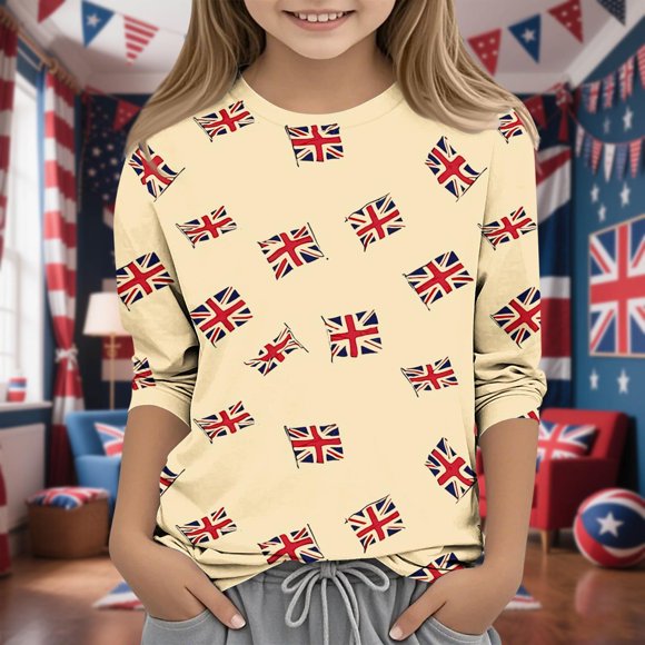 MKOSPLRT Boys Girls British Flag Shirts 3/4 Sleeve Lounge Tshirts Crew Neck Summer Tops Funny Holiday Graphic Tees 3-12 Years