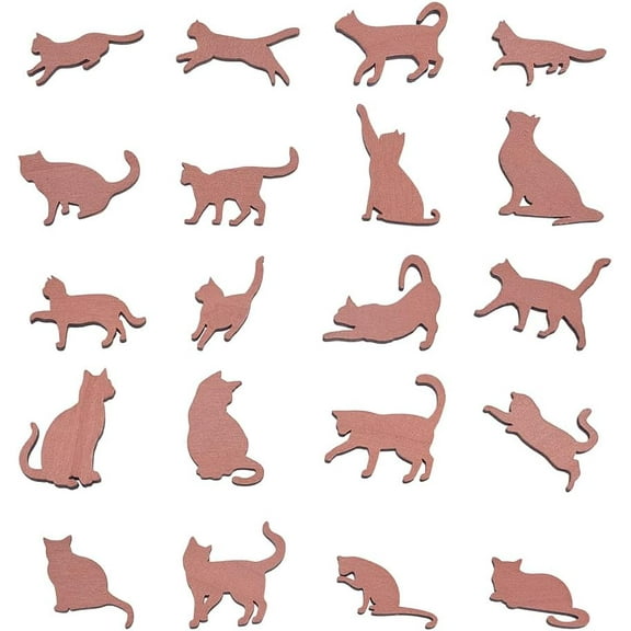 20Pcs Unfinished Wood Cat Cut Outs 20 Styles Brown Cat Wooden DIY Crafts Animal Crafts Small Blank Cats Pieces Cats Pendants for Pet Birthday Christmas Party Decoration