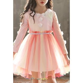 Unomatch Kids Girls Flower Decorated Long Sleeve Wedding Dress