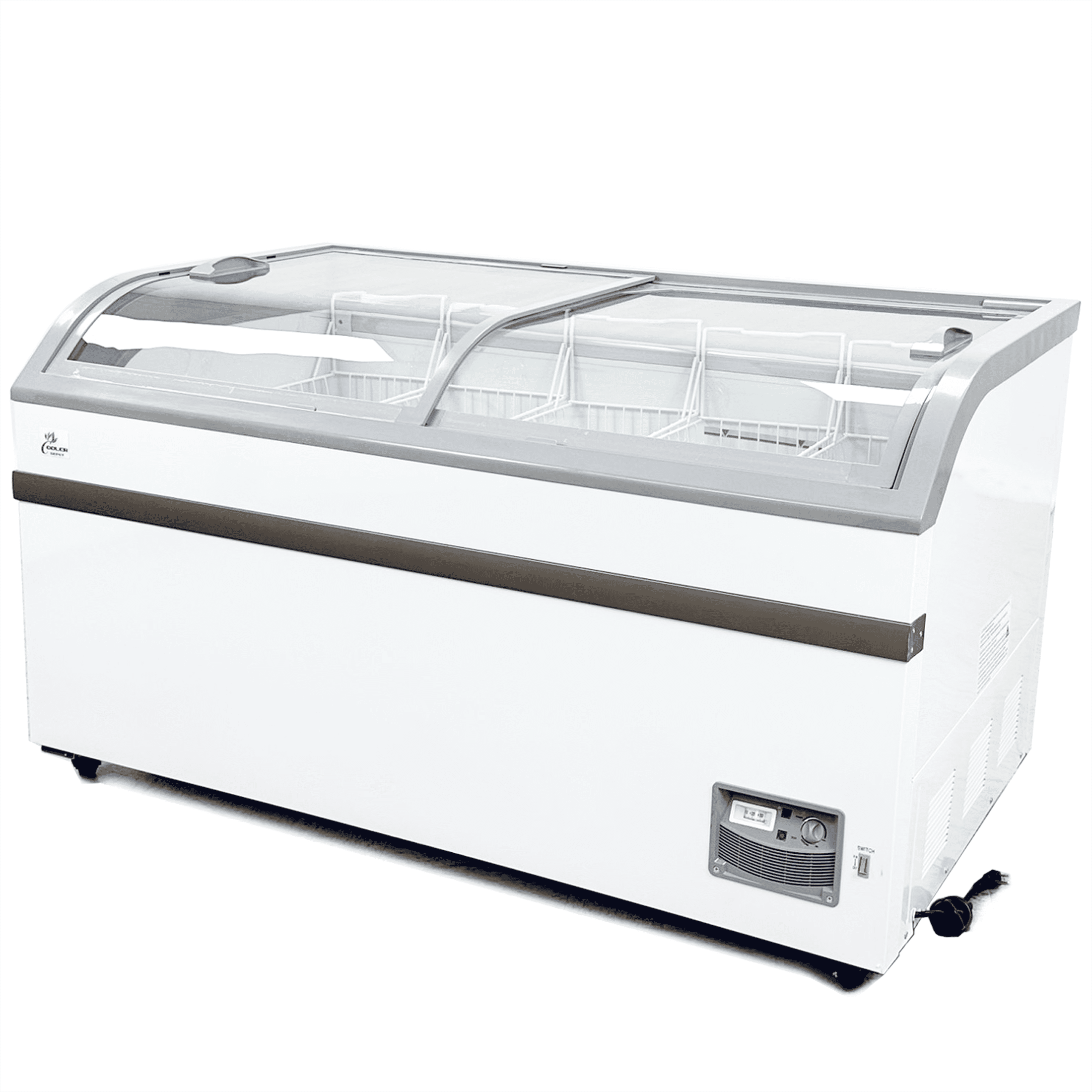 58" Commercial Chest Freezer with Curved Glass Sliding Doors, NSF Supermarket Display Freezer, LED Lighting, Grocery Island Freezer, Cooler Depot