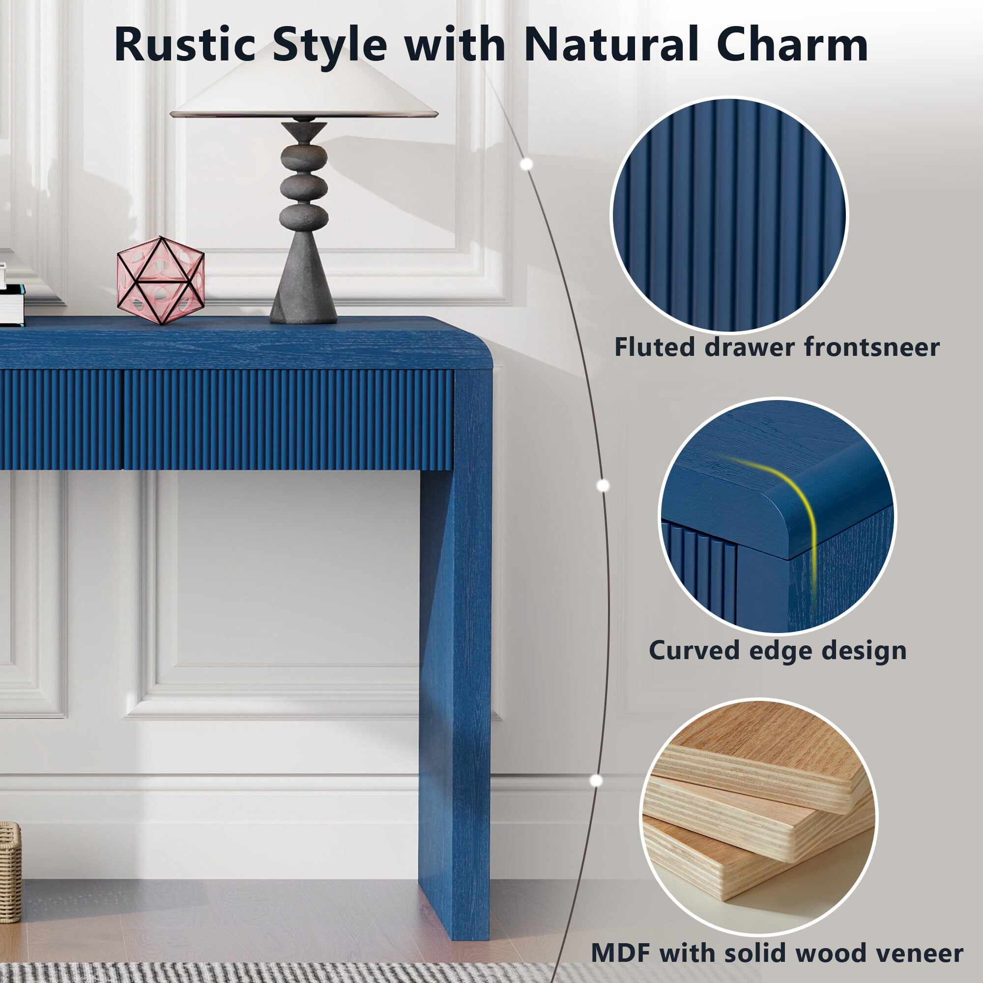 Euroco 52.9" Fluted Console Table with 3 Drawers,Solid Wood Narrow Long Entryway Table for Living Room Foyer Hallway,Navy