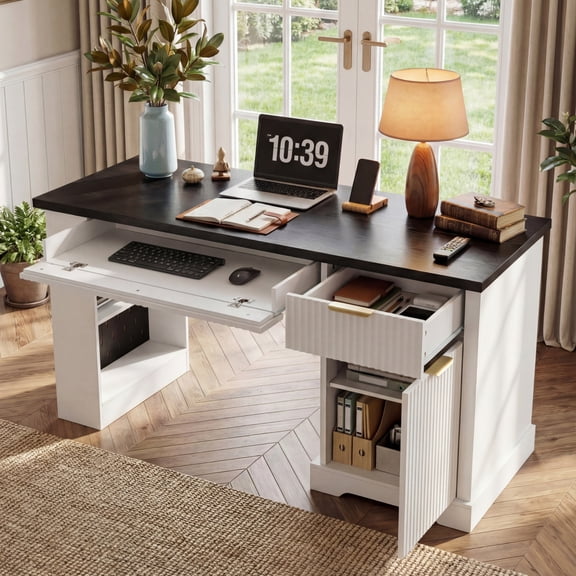 ChenyueFurn 55" Modern Office Desk with Storage & Power Outlet,White