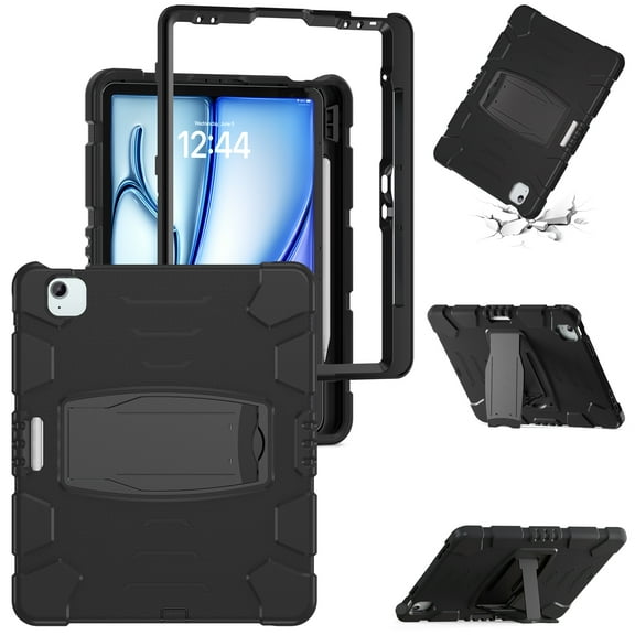 Dteck Case for iPad Air 11 inch 2025/2024,Heavy Duty Silicone Case 3-Layer Protection Built-in Pencil Holder Shockproof Kickstand Cover for iPad Air 11-in. M3/M2,Black