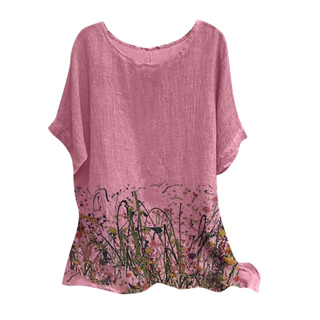 Pompotops Mode Femmes Été T-Shirt Ample Imprimé Col Rond Manches Courtes Blouse Décontractée