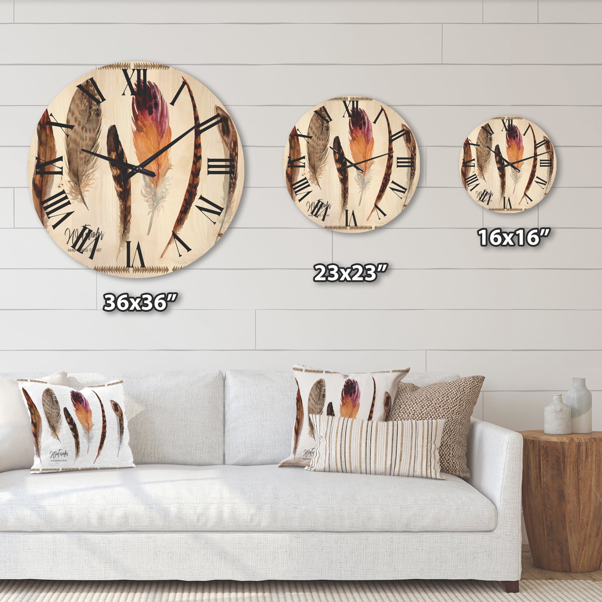 Designart 'Exotic Vibrant Boho Watercolor Feathers' Bohemian & Eclectic Wood Wall Clock
