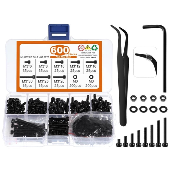 M3 Screws Assortment Kit, M3x 6/8/10/12/16/20/25/30mm Alloy Steel Nuts and Bolts Kit Black Zinc Plated Hex Socket Head Screws Nuts Bolts and Washers Set