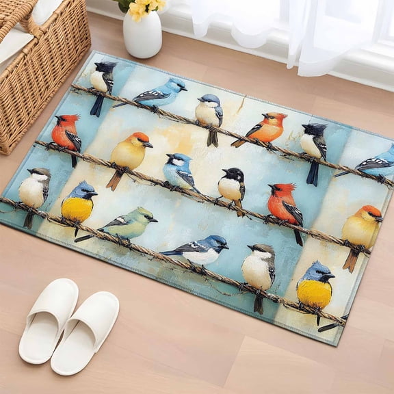 Colorful Birds Oil Painting Bathroom Rug Washable 2x3 Entryway Rug Non Slip Retro Spring Birds Animals Front Door Mat Low Pile Indoor Doormat Throw Floor Carpet for Kitchen Bedroom Entrance