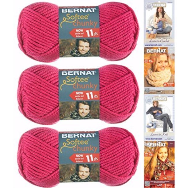 bernat softee chunky yarn bundle ,super bulky 6, 3 skeins hot pink 28416