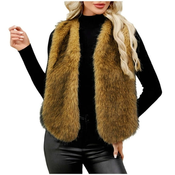 Hueook Faux Fur Jacket Womens Ladies Warm Faux Furry Coat Jacket Winter Solid V-neck Sleeveless Outerwear Yellow XL