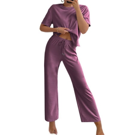 

MAWCLOS Womens Pajamas Set Short Sleeve Tops and Pants 2 Piece PJ Sets Joggers Loungewear Sleepwear Purple S