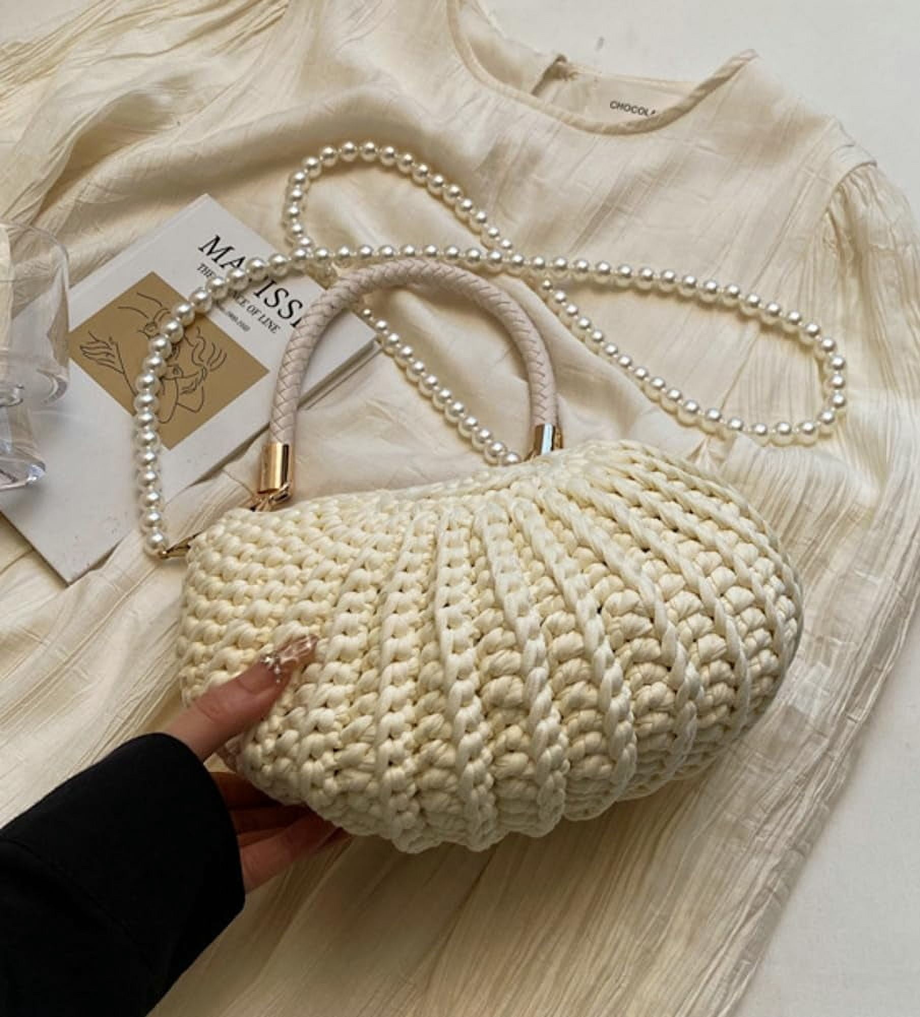 MMYGU Handwoven Seashell Bag for Women Crochet Beach Bag Boho Clutch with Pearl Strap Leather Handle Unique Design 2025