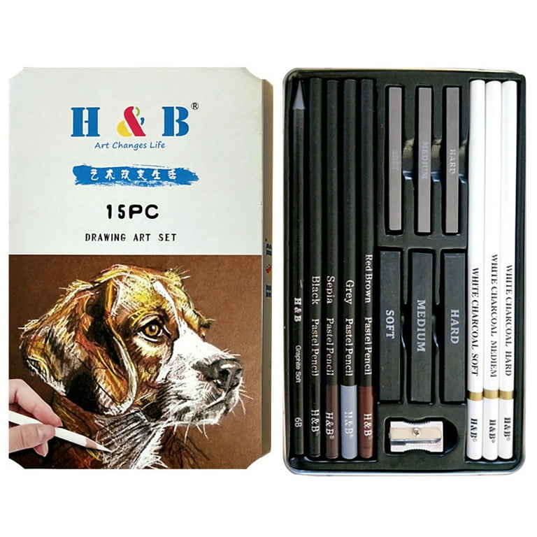 H&B 15pcs/set Art Supplies Drawing Kit White Charcoal and Pastel Pencils Set Painting Tools, Size: 191