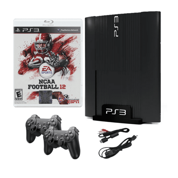 Sony Playstation 3 PS3 Console Super Slim 250GB Black with NCAA Football 12 & Two Retrofam Controllers (Refurbished)