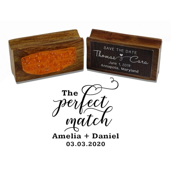 Printtoo Personalized Wedding Favor Round Wood Mounted Stamp The Perfect Match Rubber Custom Stamper-1.77 Inches Diamater