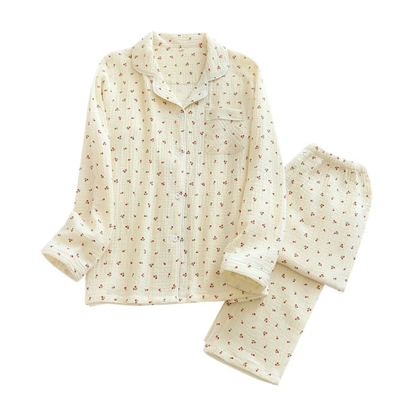 Wang6 Women's Cotton Pajamas Sets 2 Pieces Long Sleeve Pjs Sets Soft Button V Neck Shirts Wide Leg Pants Loose Fit Little Cherry Printed Sleepwear Loungewear Sets Yellow XL