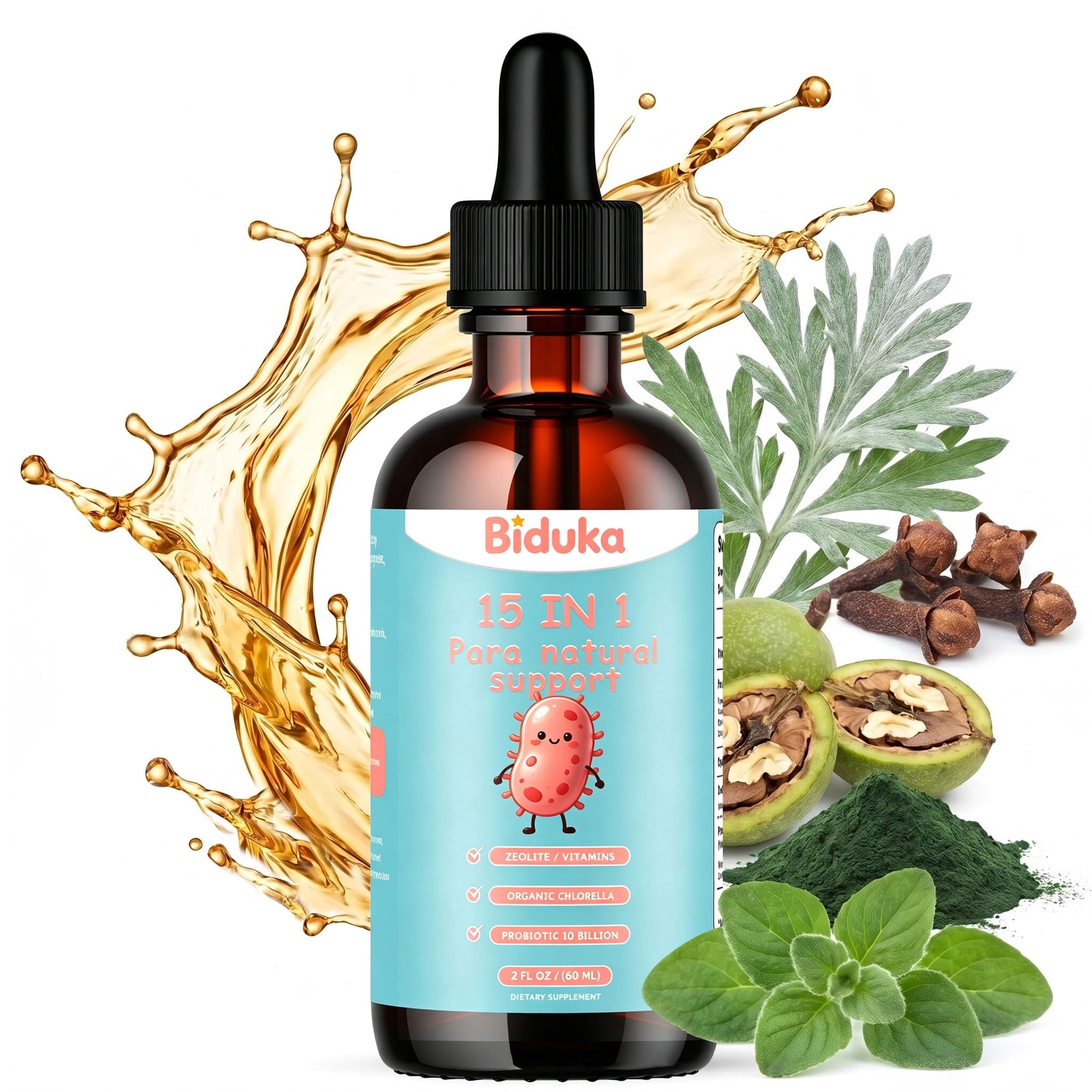 Biduka 15-in-1 Para Natural Support Liquid Drops, Intestinal Parasite Cleanse Supplement with Wormwood, Black Walnut & Probiotics, 2 FL OZ