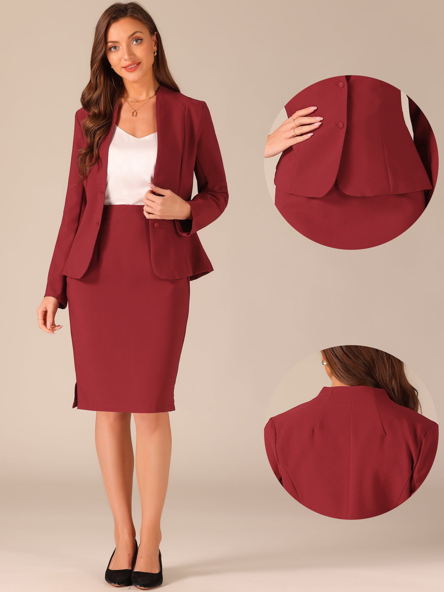 DARING DIVA Women's 2-Piece Business Blazer Pencil Skirt Suit Set M Burgundy