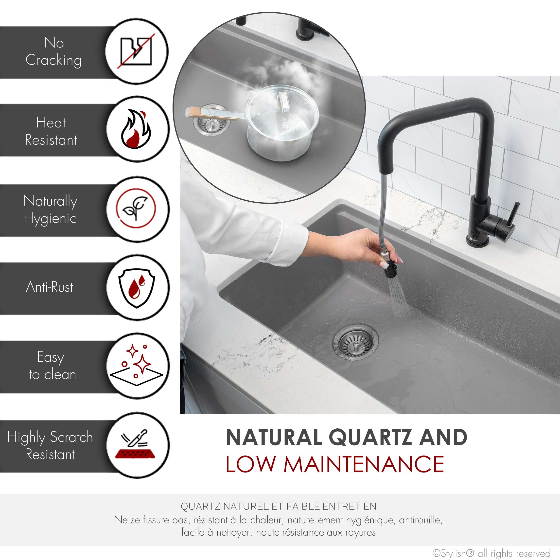 Stylish Dual Mount 32" Gray Composite Granite Single Bowl Kitchen Sink with 4 accs S-832WL