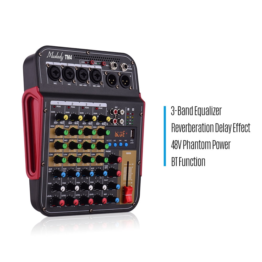 Muslady TM4 Digital 4-Channel Audio Mixer Mixing Console Built-in 48V Phantom Power with BT Function Professional Audio System for Studio Recording Broadcasting DJ Network Live